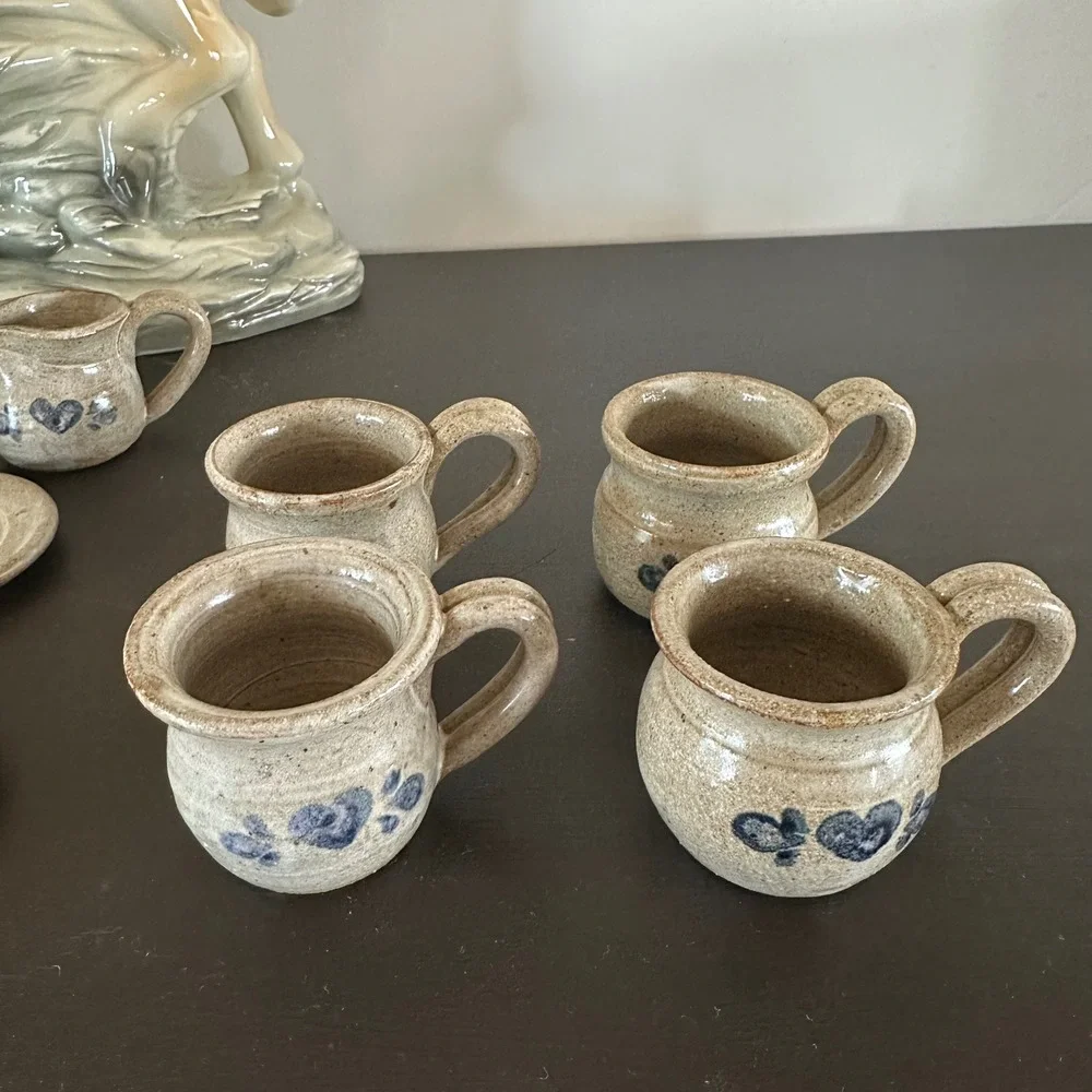 VTG Rowe Pottery Miniature Tea Set Salt Glazed Stoneware Blue Heart Cottagecore